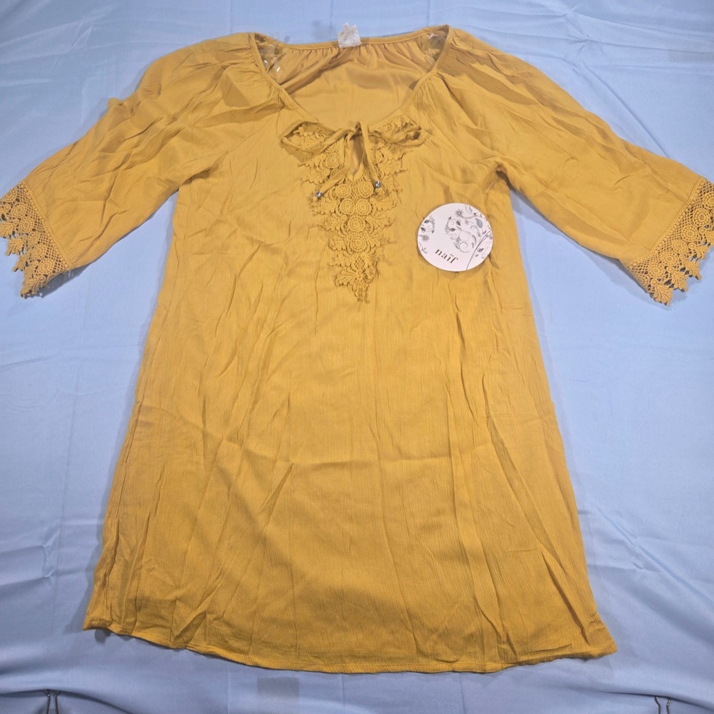 Naif Mustard Yellow Crochet Lace Boho Shift Dress Womens Small 3/4 Sleeve